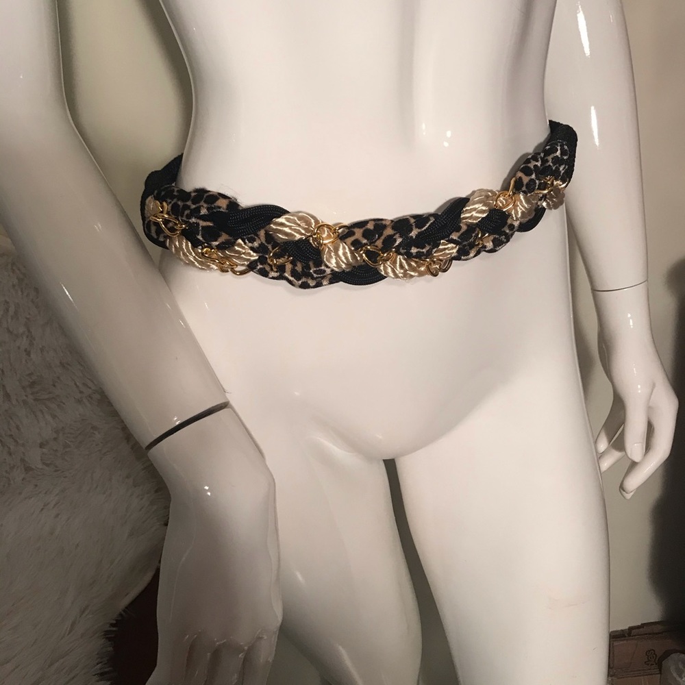 Black, champagne, and tiger print belt M/L